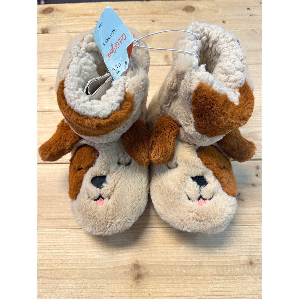 Cat & Jack Kids Puppy Dog Faux Fur Bootie Slippers Tan Brown XL 11/12 NWT